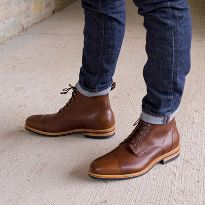 upmen logan bootMedium brown Italian vegetable crust calf leather caps and medium brown full-grain Italian vegetable crust calf leather vamp