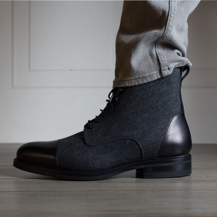 UPMEN logan boot Black hand-painted Italian vegetable crust calf leather caps and dark grey wool vamp